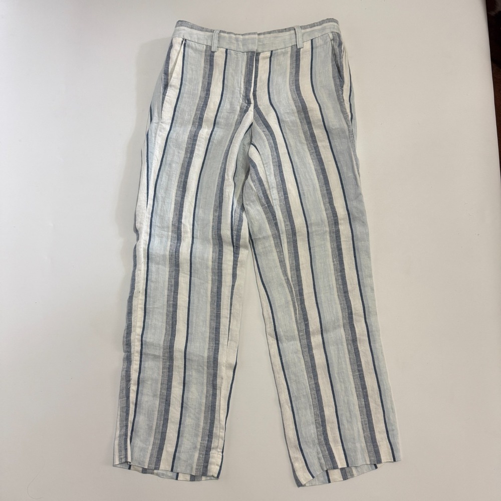 Talbots Cropped Linen Striped Trouser Pants Blue White Coastal Sz 2P 2 Petites - Picture 2 of 9
